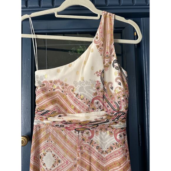 Badgley Mischka Y2K Vintage silk dress one shoulder paisley gown sz 2 cream gold - Picture 7 of 11